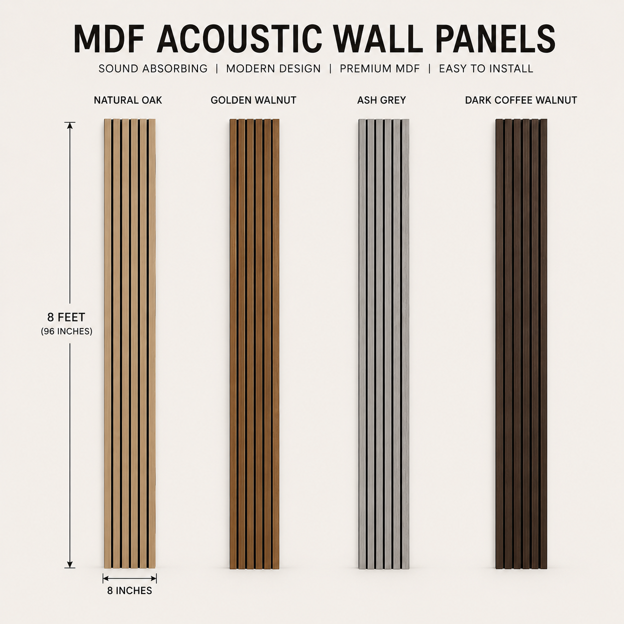 Premium MDF Acoustic Wall Panels collection featuring Natural Oak, Golden Walnut, Ash Grey, and Dark Coffee Walnut finishes with sound-absorbing felt backing.