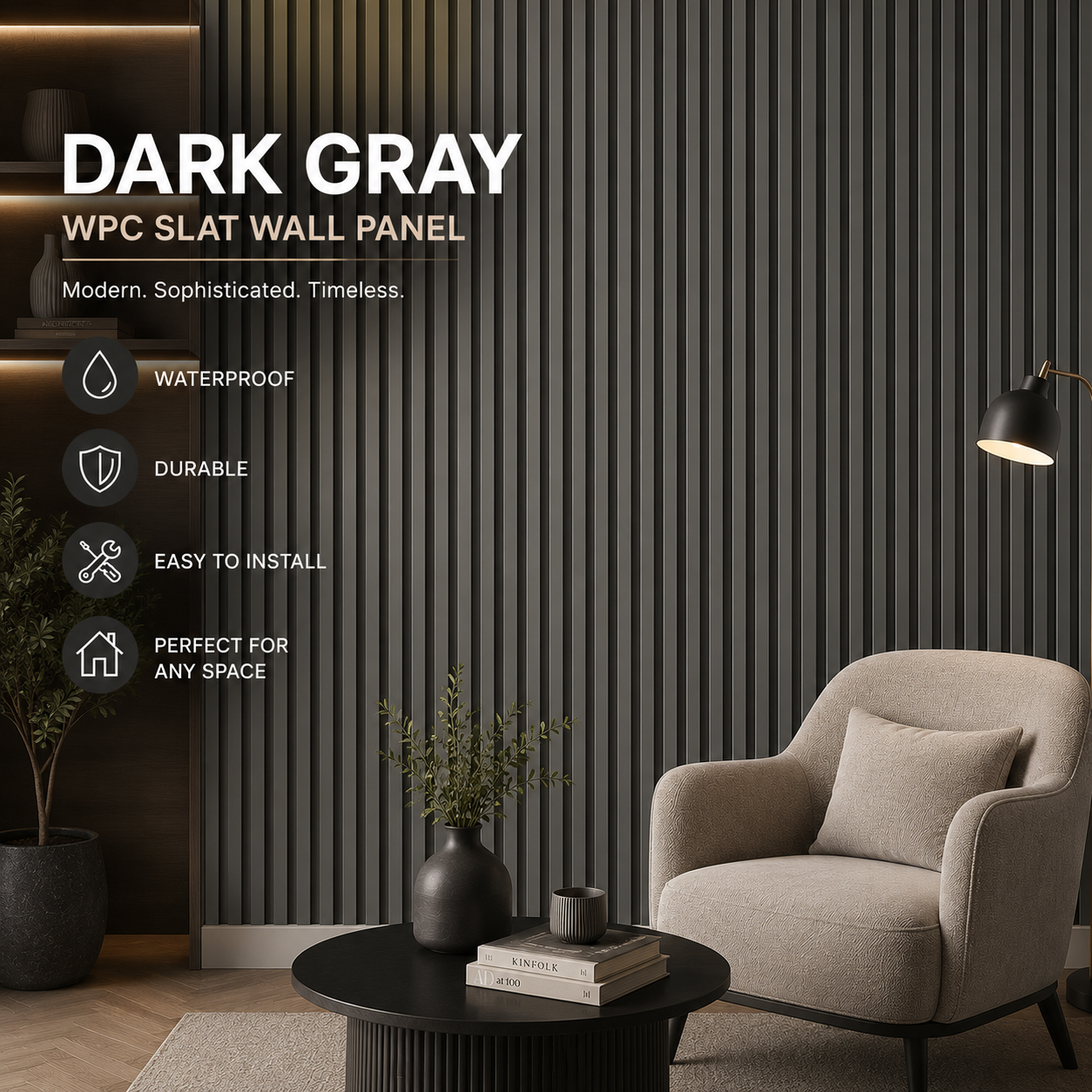 Dark Gray WPC Slat Wall Panel | Modern Fluted Wall Panel 6 Inch x 9.7 Ft