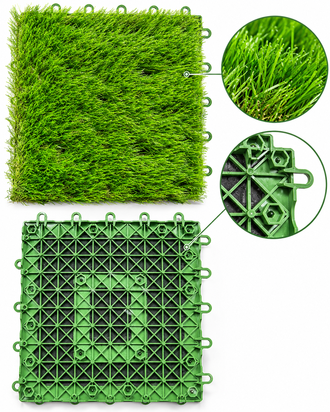 Artificial grass interlocking turf tile showing dense green grass surface, plastic grid backing and connecting clips, 12 x 12 inches.