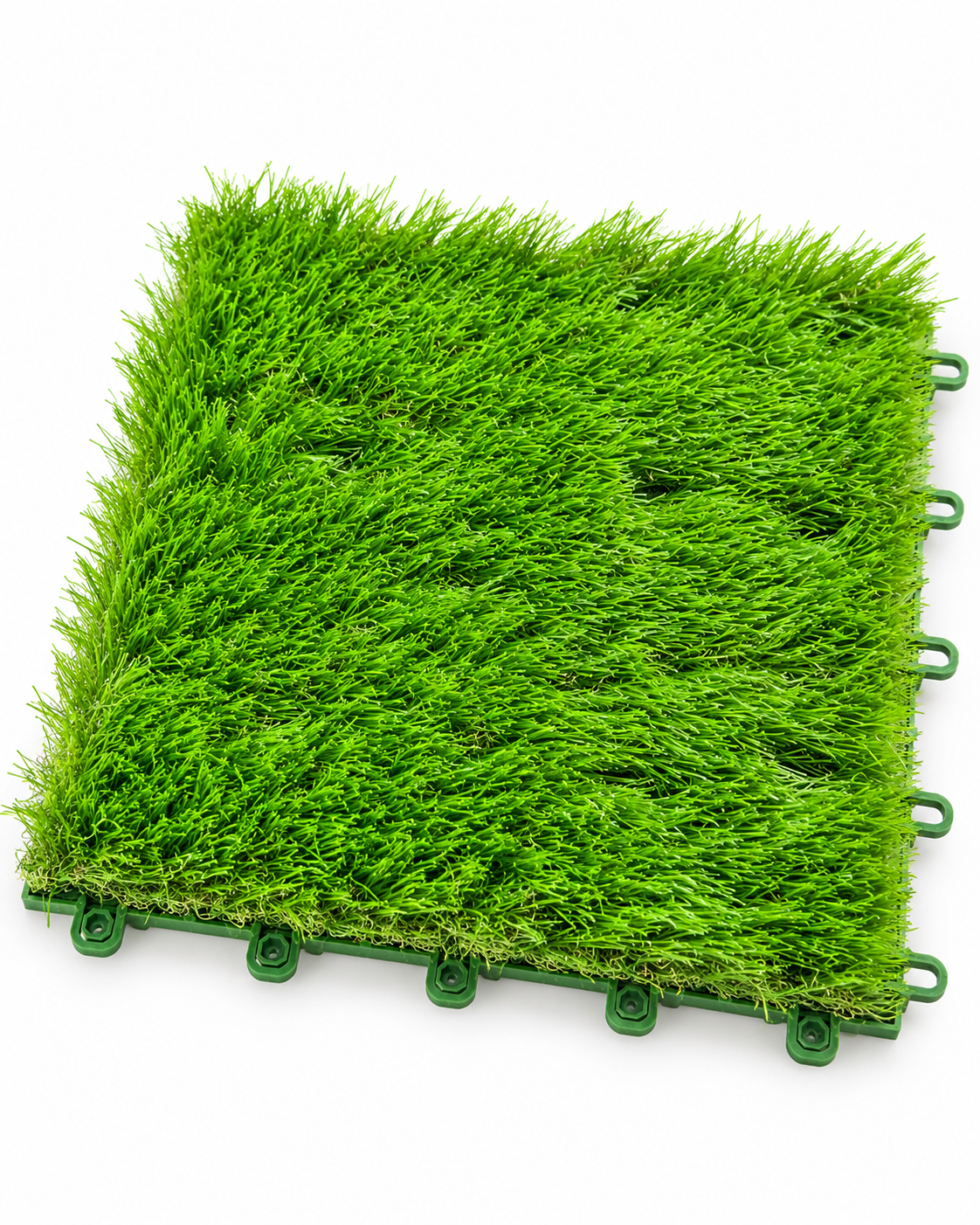 12 x 12 inch artificial grass turf tile with realistic green grass blades and interlocking plastic edges for patio, balcony and outdoor flooring.