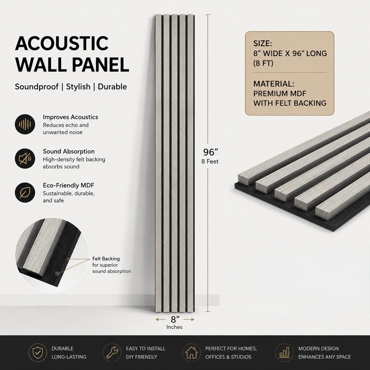 Grey Acoustic wall panel with dimensions, material details, and features on a white background