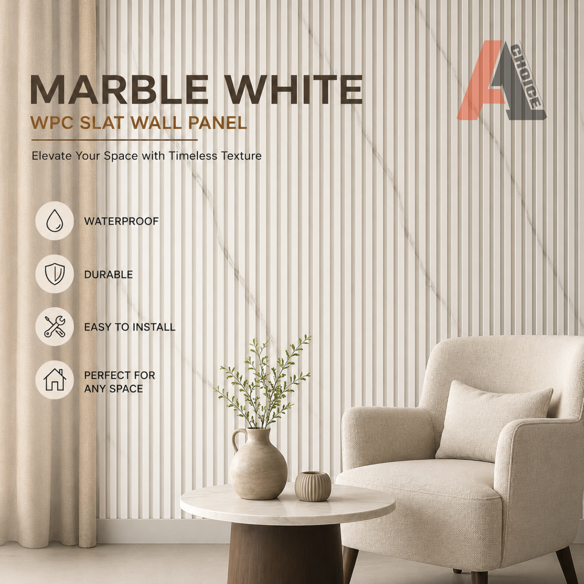 Marble White WPC Slat Wall Panel | Fluted Decorative Wall Panel 6 Inch x 9.7 Ft
