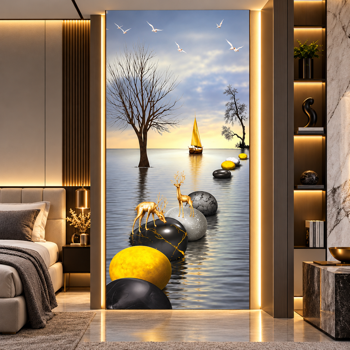 Grey and gold Golden Deer PVC wall panel installed vertically as a decorative bedroom feature wall.