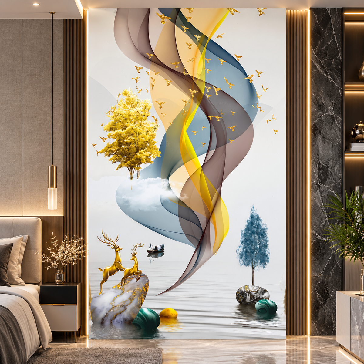 Luxury bedroom accent wall featuring a 4x8 FT glossy PVC decorative panel with golden deer and abstract gold and blue design.