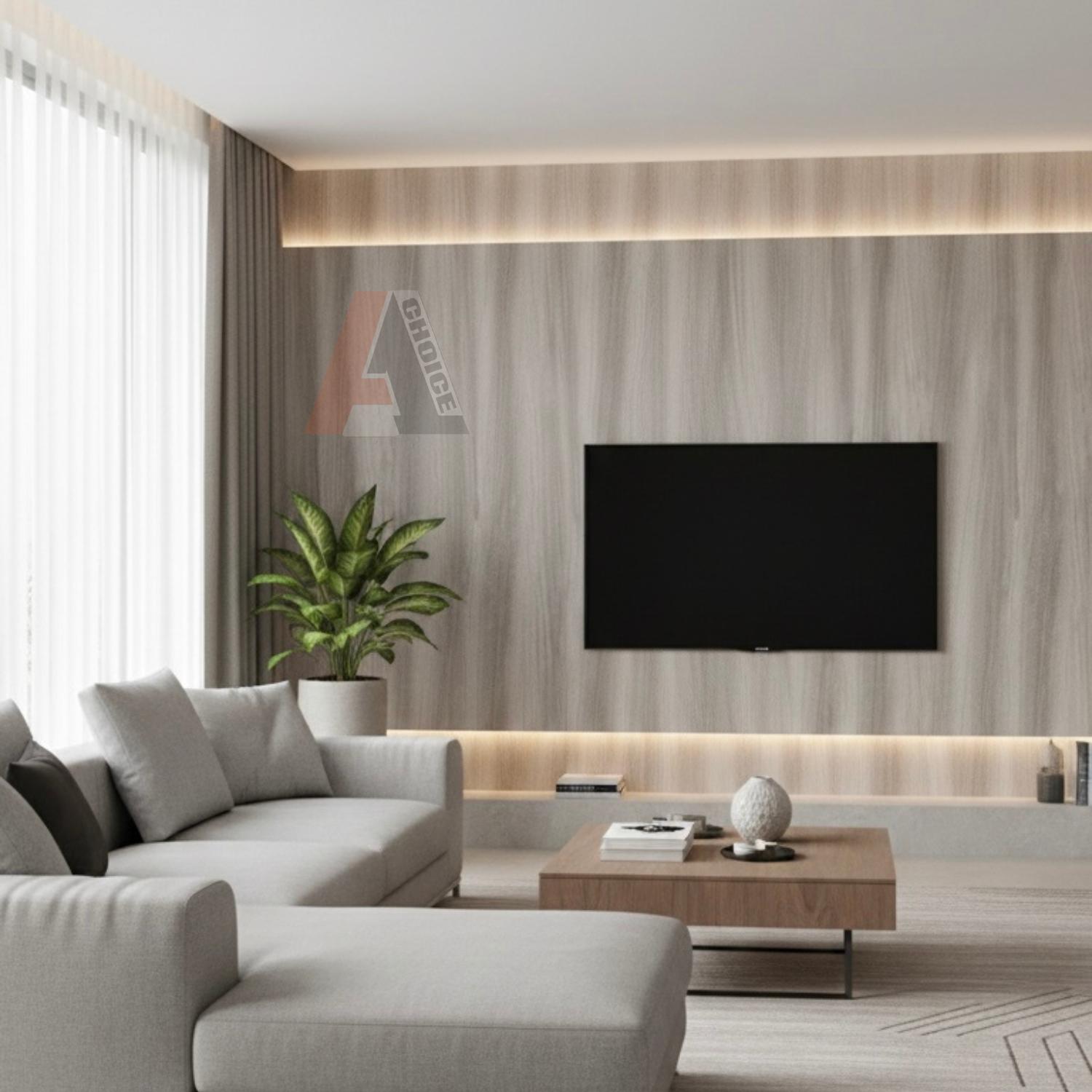Modern living room Designed with beige wood vein pvc marble sheet
