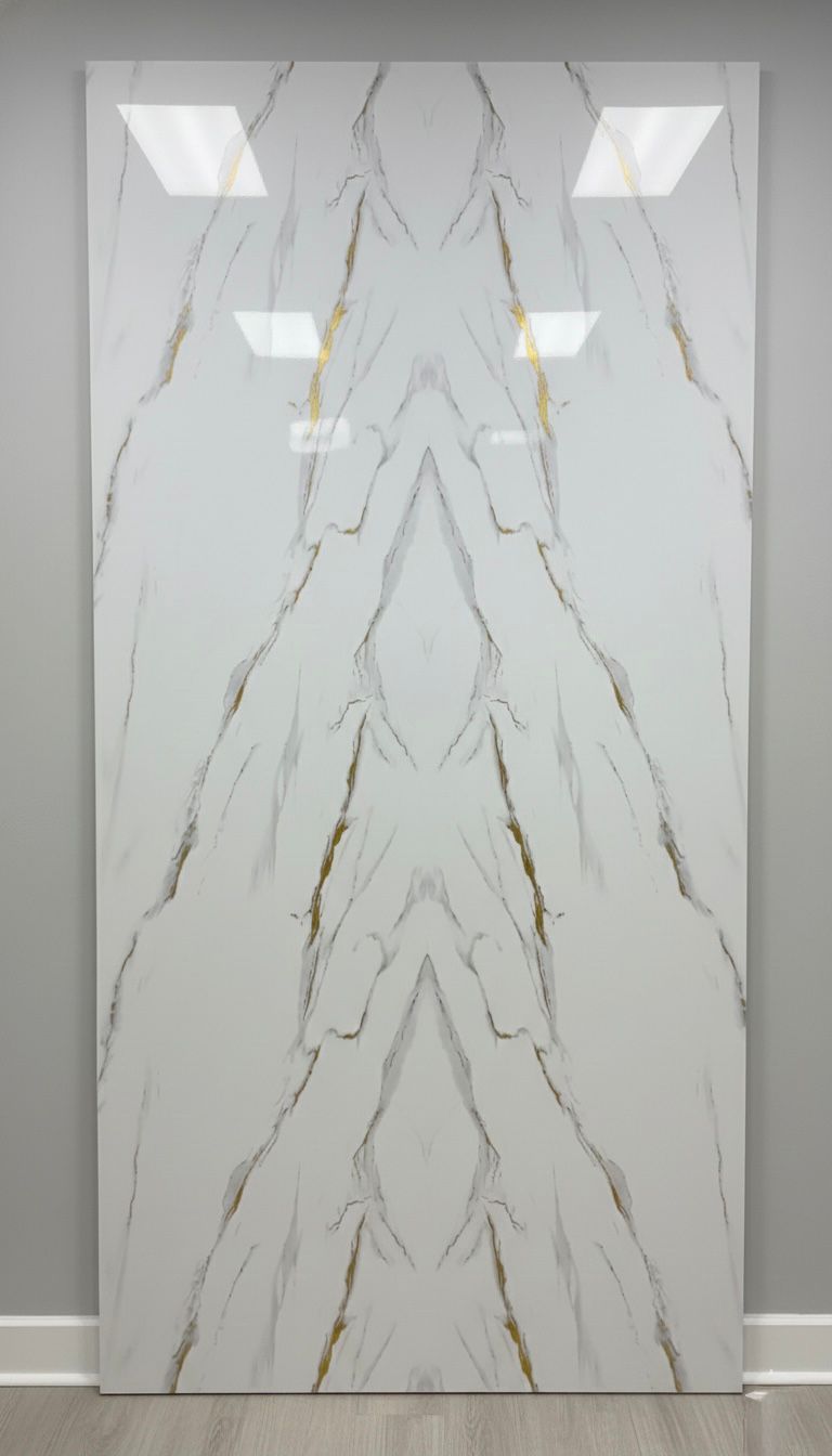 front view Bookmatch PVC Marble Sheet with white and gold veins