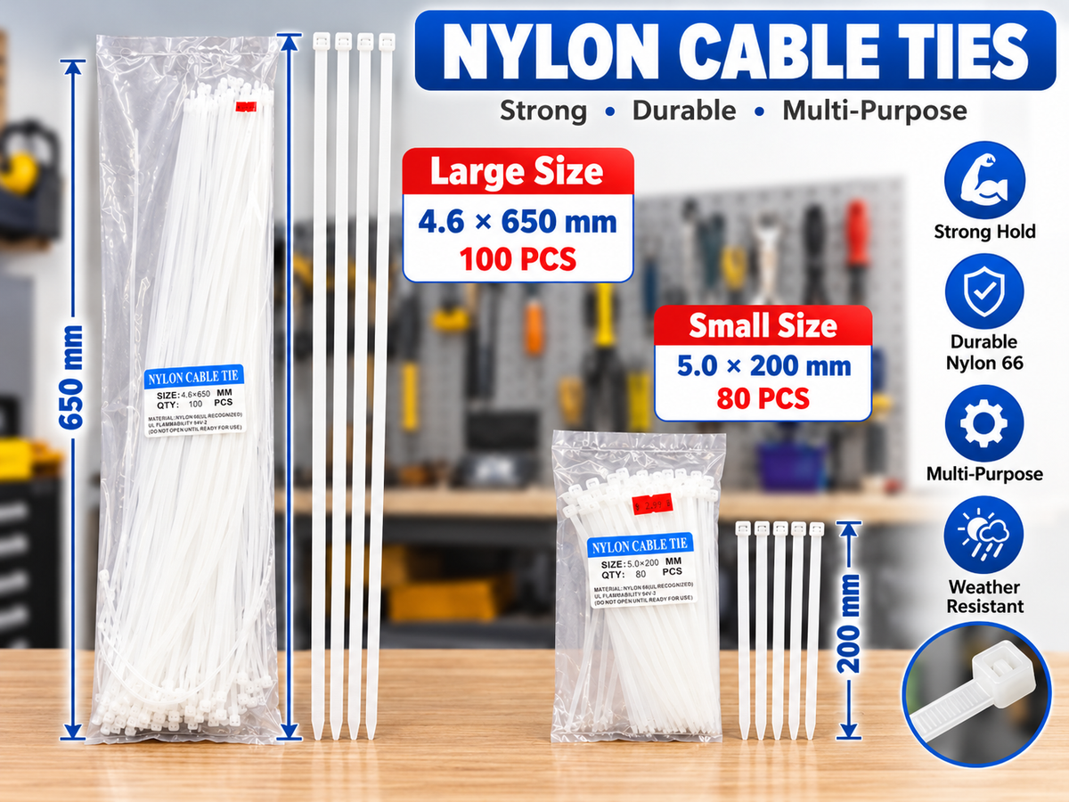 White Nylon 66 cable ties size comparison featuring large 4.6 x 650 mm (100 pcs) and small 5.0 x 200 mm (80 pcs) zip ties with measurements.