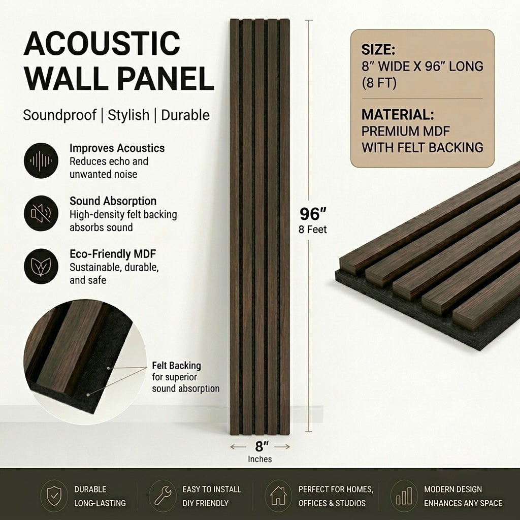 Dark Coffee Acoustic wall panel with dimensions, material, and features on a white background