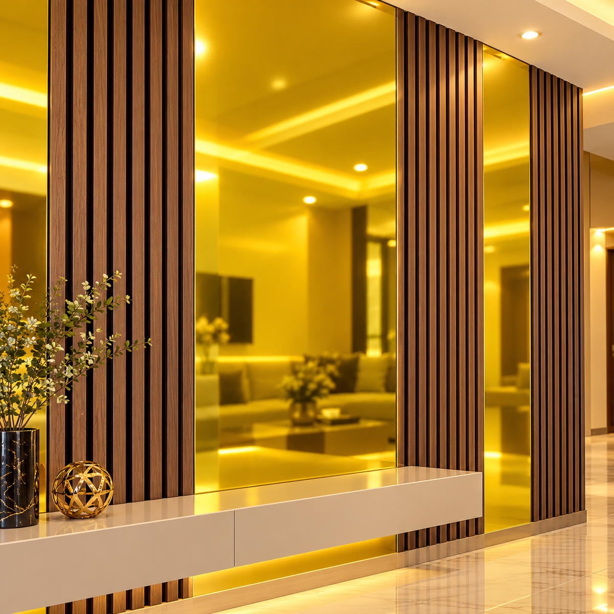 Gold mirror finish PVC wall sheets combined with walnut wood slat panels for a modern feature wall.