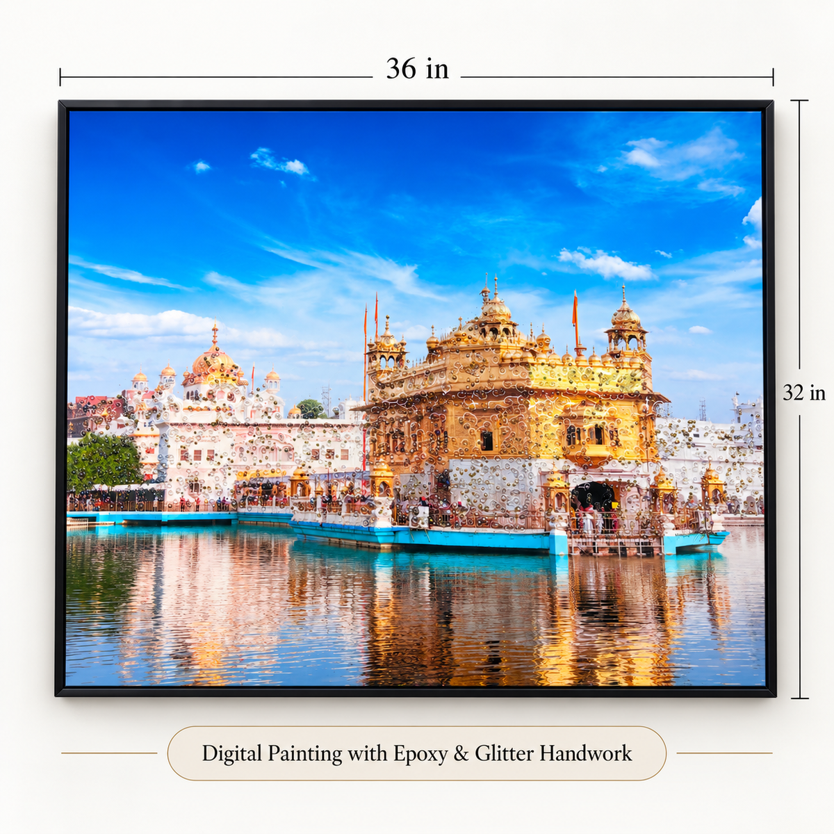 Golden Temple framed digital painting with epoxy and glitter handwork, 36 x 32 inch Sikh religious wall art