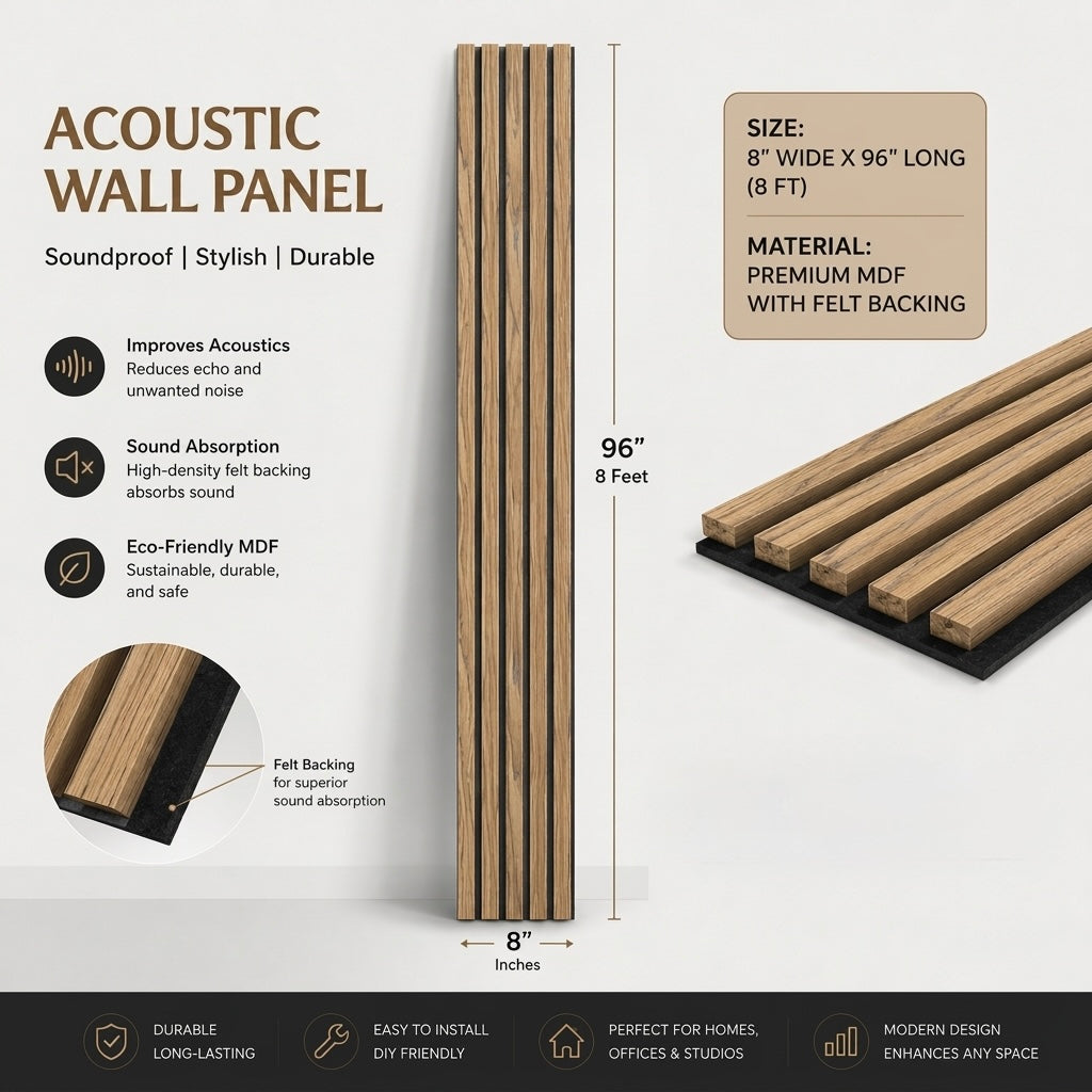 Golden walnut Acoustic wall panel with dimensions, material details, and features on a white background