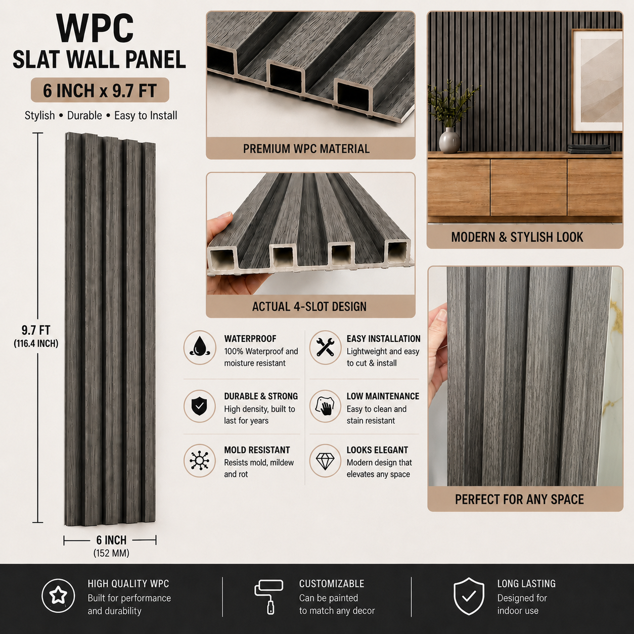 Dark Gray WPC Slat Wall Panel | Modern Fluted Wall Panel 6 Inch x 9.7 Ft