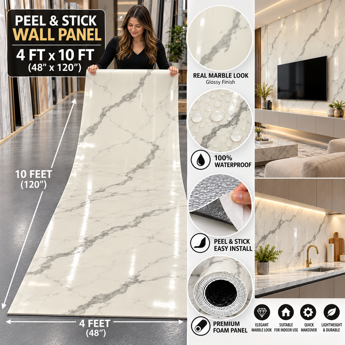 White & Grey Marble Peel and Stick Wall Panel Roll – 4 ft x 10 ft