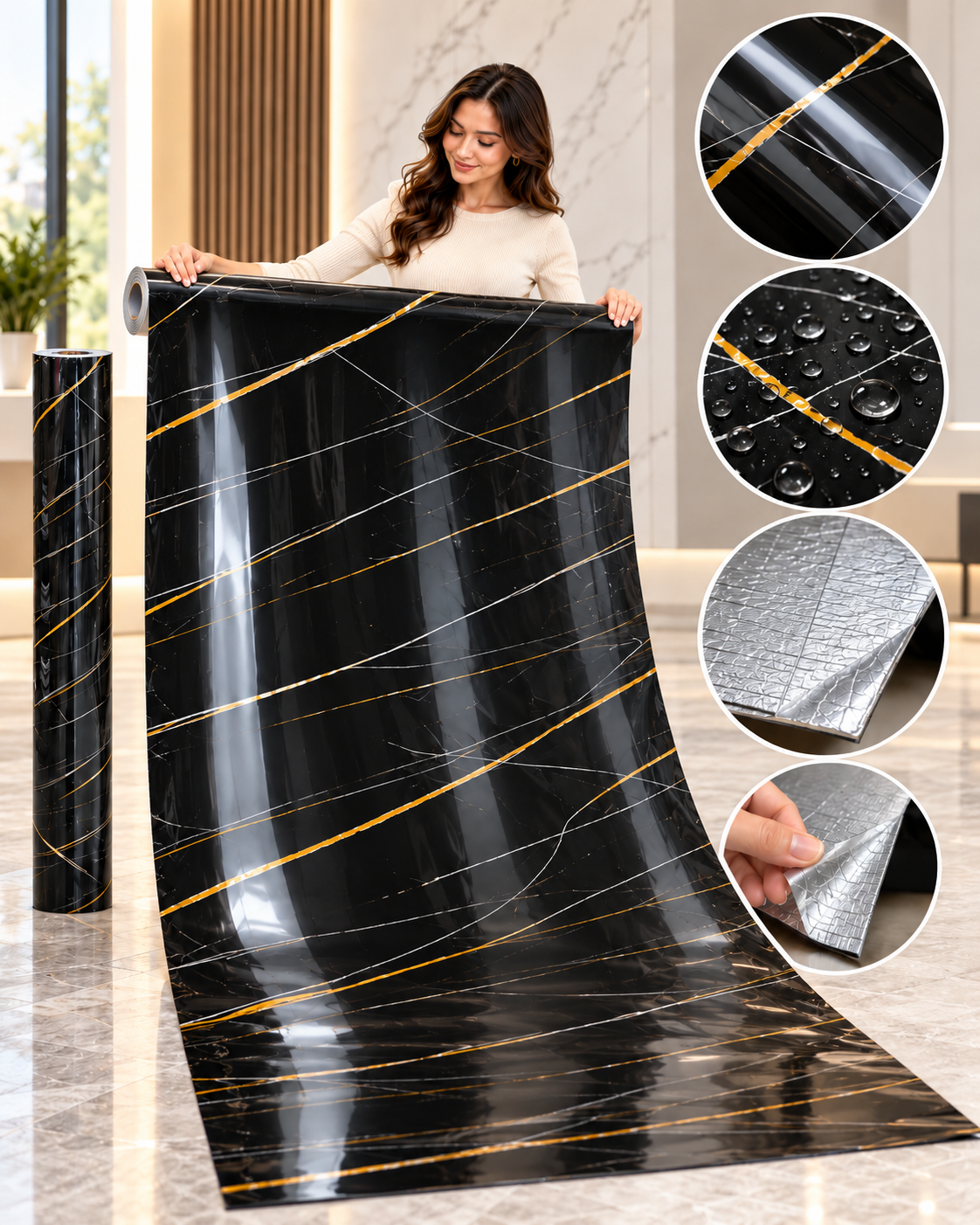 Black & Gold Marble Peel and Stick Wall Panel Roll – 4 ft x 10 ft
