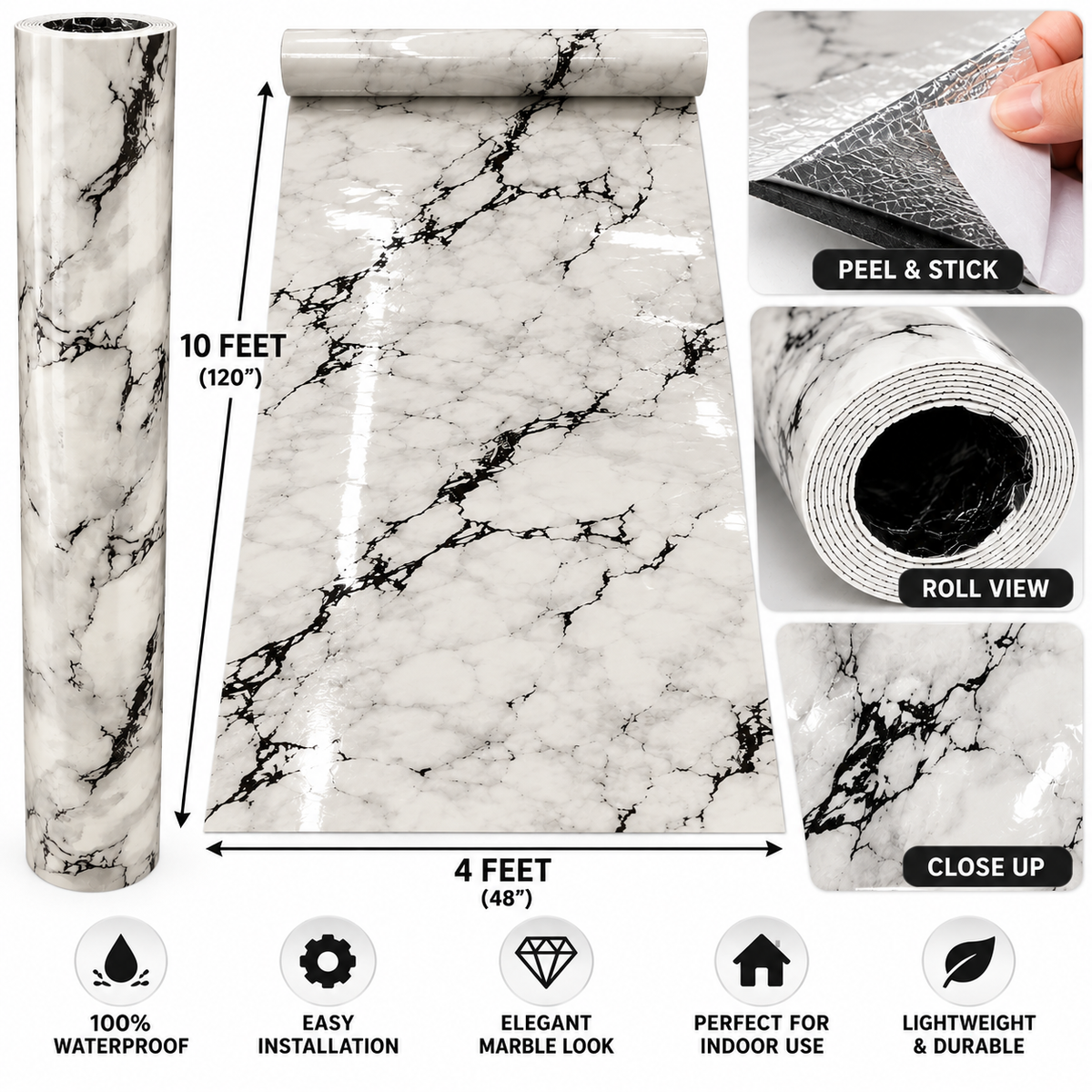 White & Black Marble Peel and Stick Wall Panel Roll β 4 ft x 10 ft