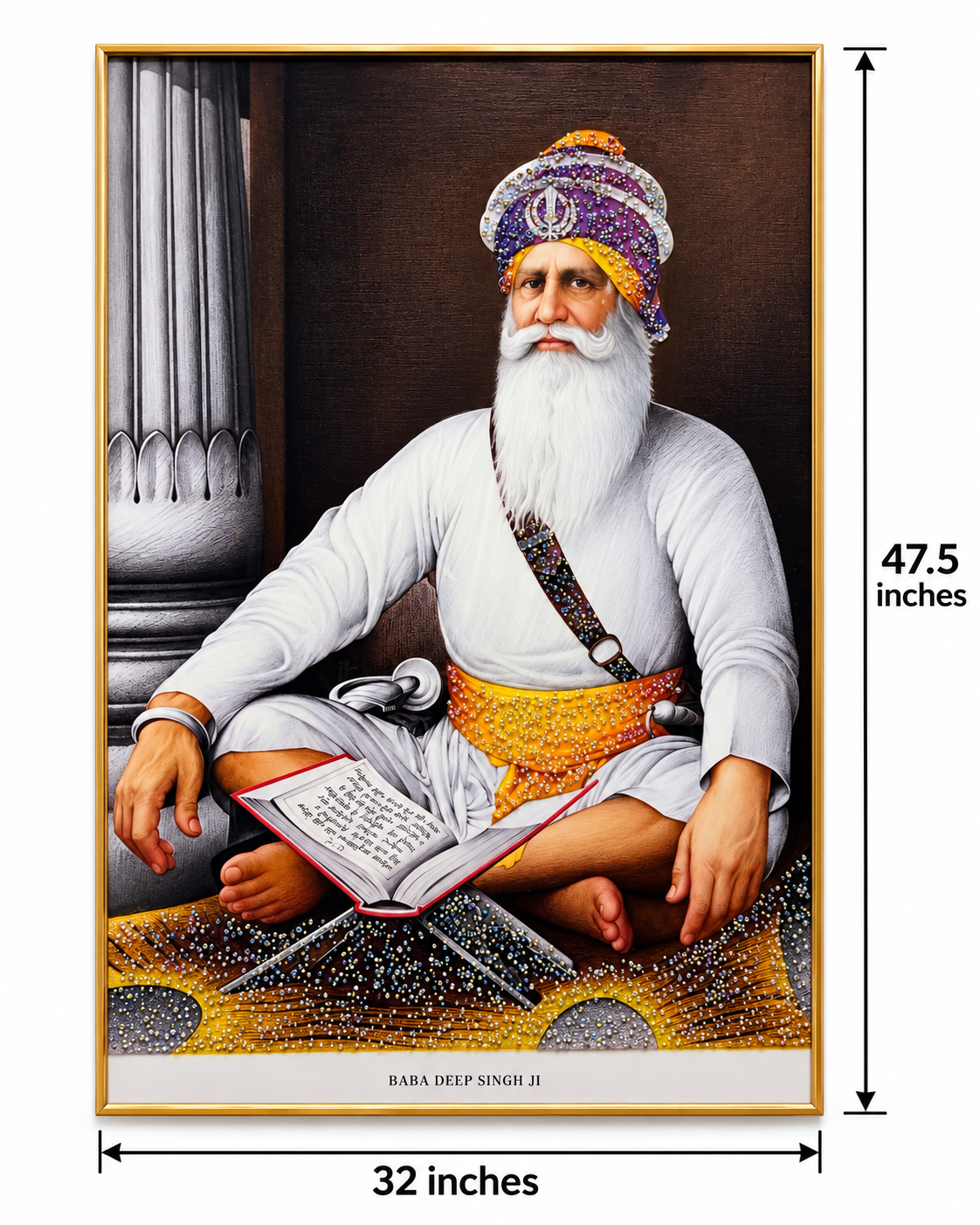 Baba Deep Singh Ji Wall Art – Epoxy & Glitter Framed Painting | 32 x 47.5 in
