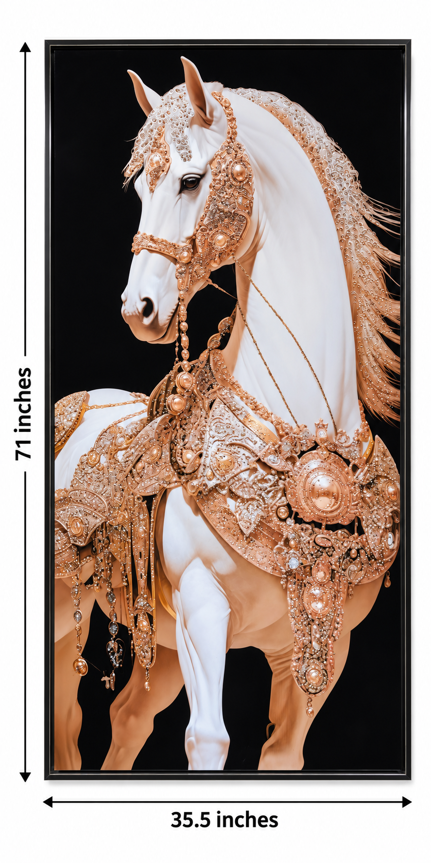 Grand Royal White Horse Wall Art – Epoxy & Glitter Framed Painting | 35.5 x 71 in
