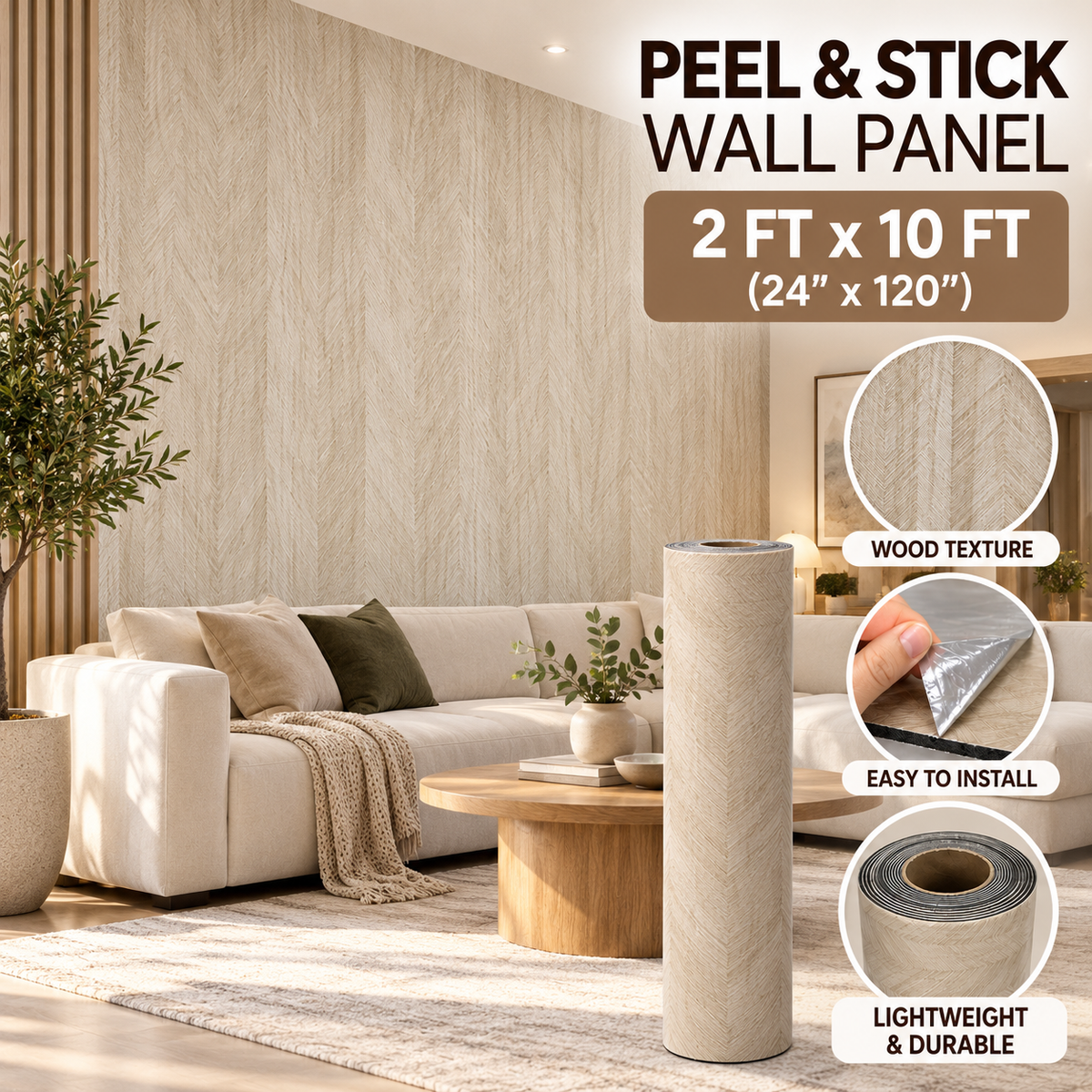 Light oak wood look peel and stick accent wall installed in modern living room