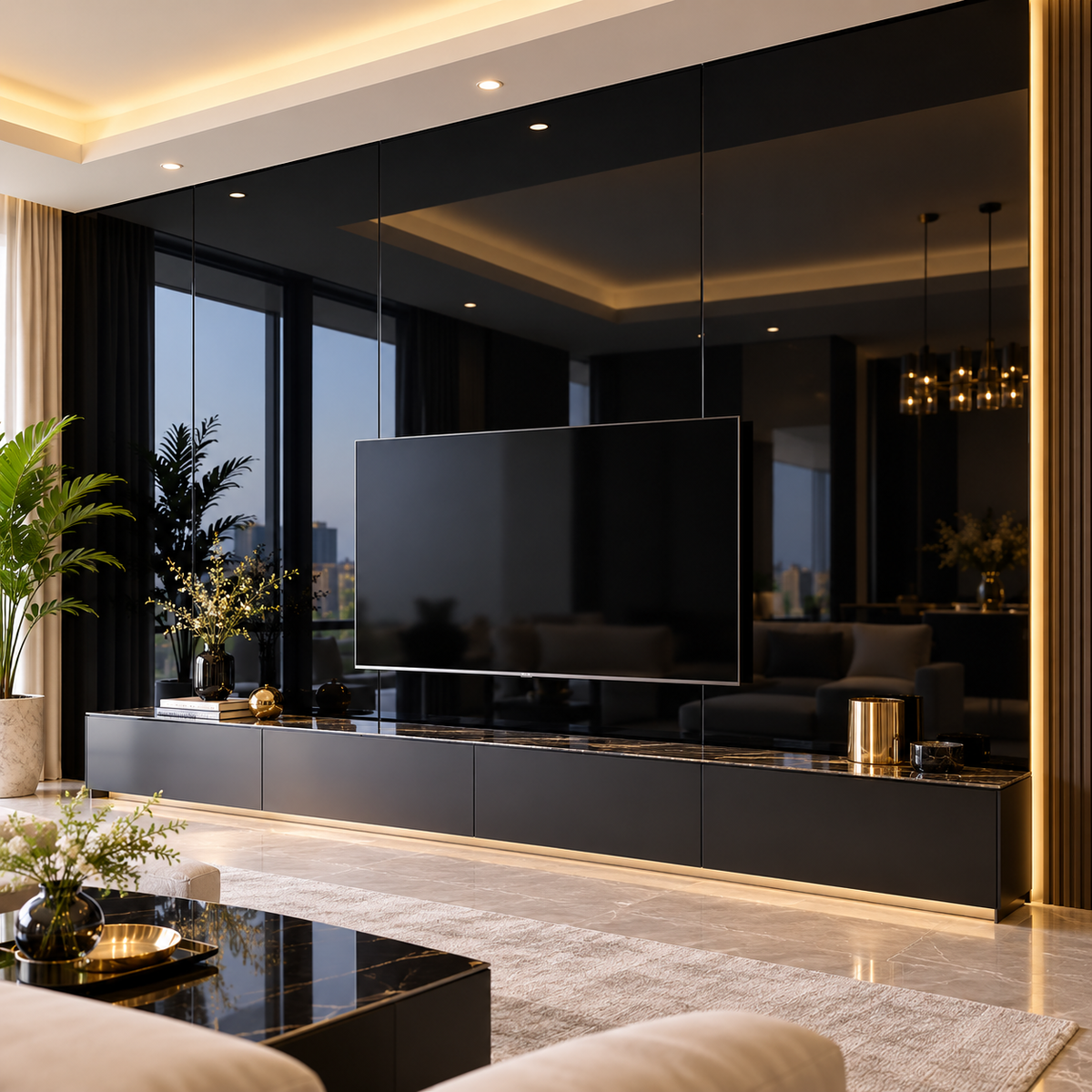 Solid glossy black PVC marble wall panels installed behind a TV in a luxury modern living room.