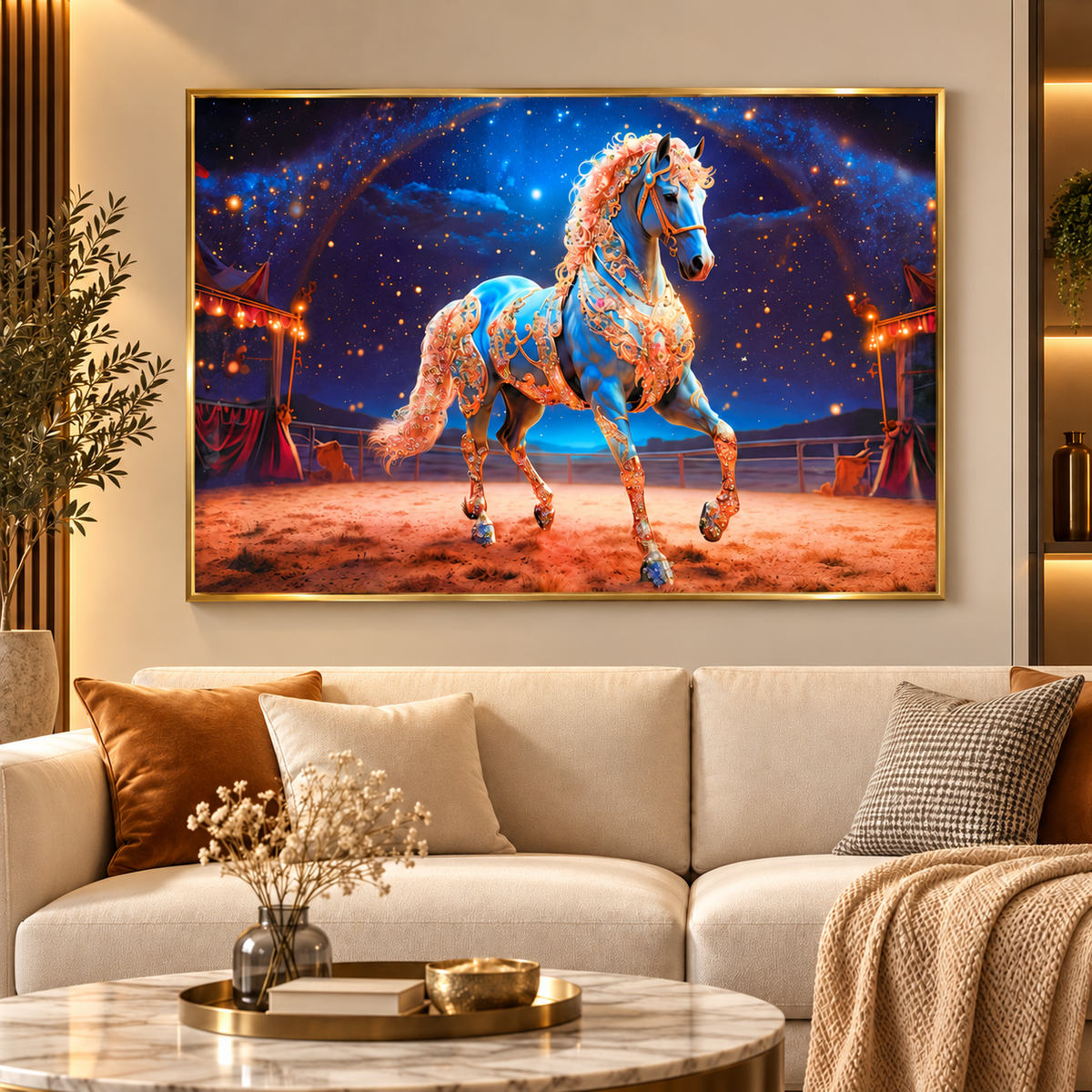 Blue horse framed epoxy and glitter painting displayed above a modern living room sofa with elegant gold accents