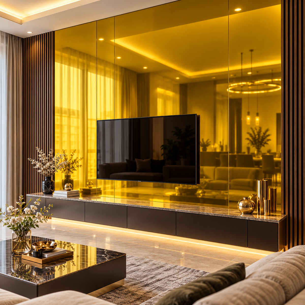 Gold mirror finish PVC wall sheets installed behind a TV in a modern luxury living room.