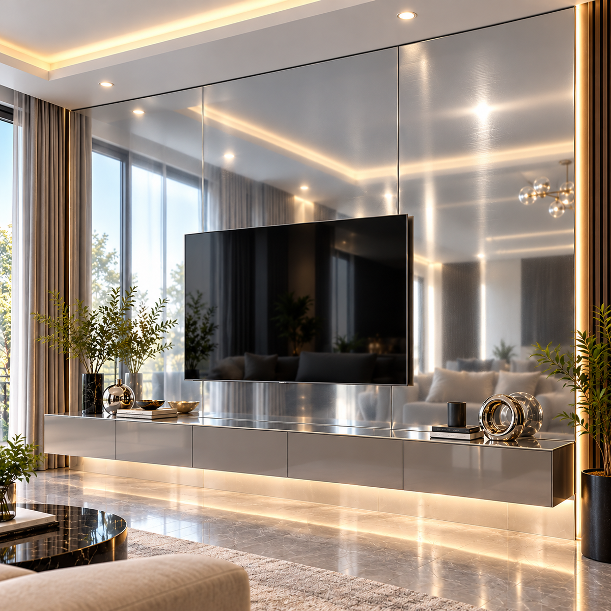 Silver mirror finish PVC wall sheets installed behind a TV in a modern luxury living room.