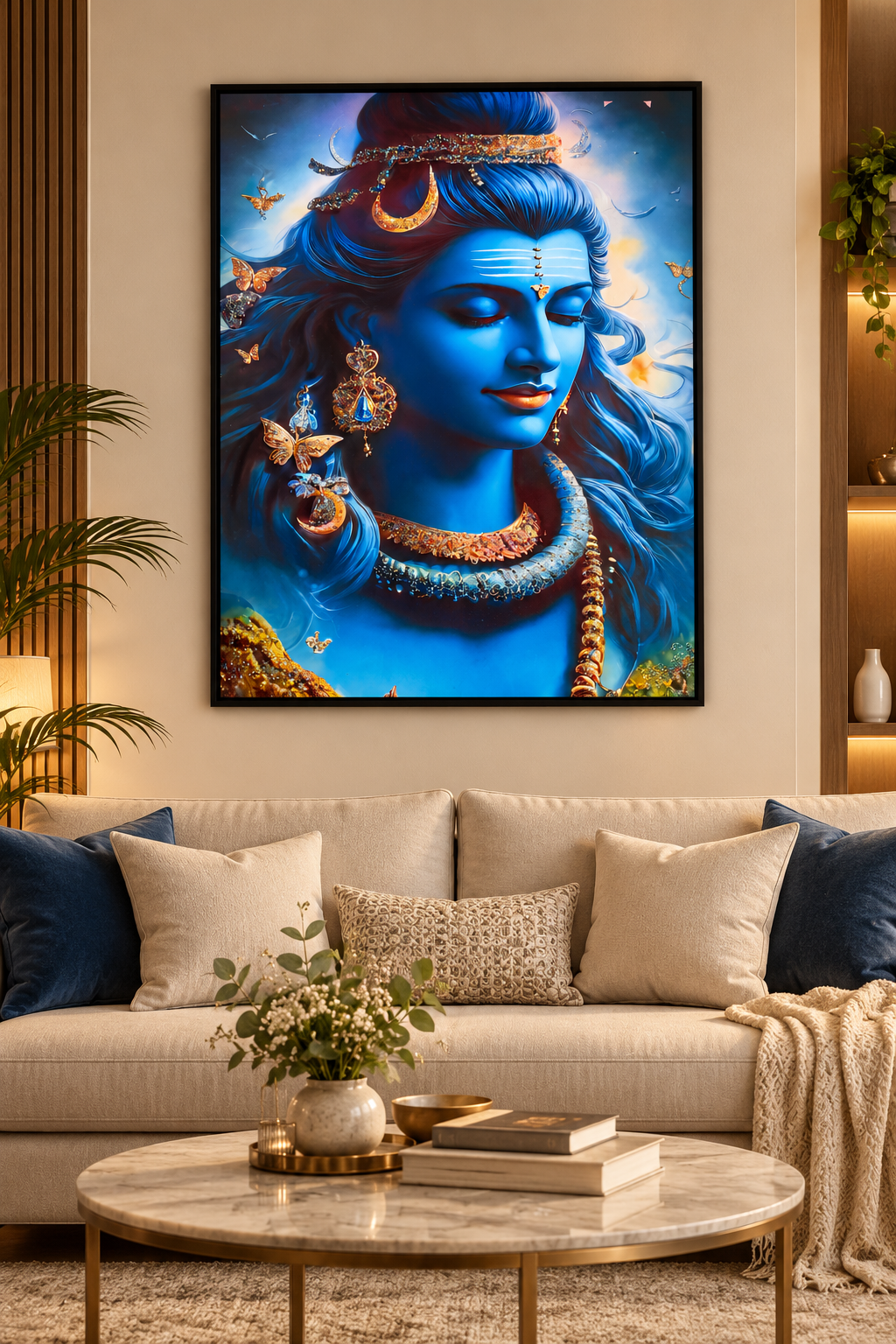 Large Lord Shiva blue portrait wall painting displayed above a modern living room sofa, featuring decorative gold accents and a black frame.