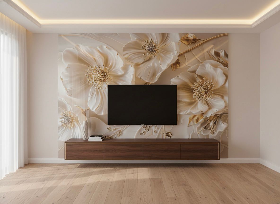 Modern living room with a large floral wall mural PVC UV Marble Sheet installed on a wall