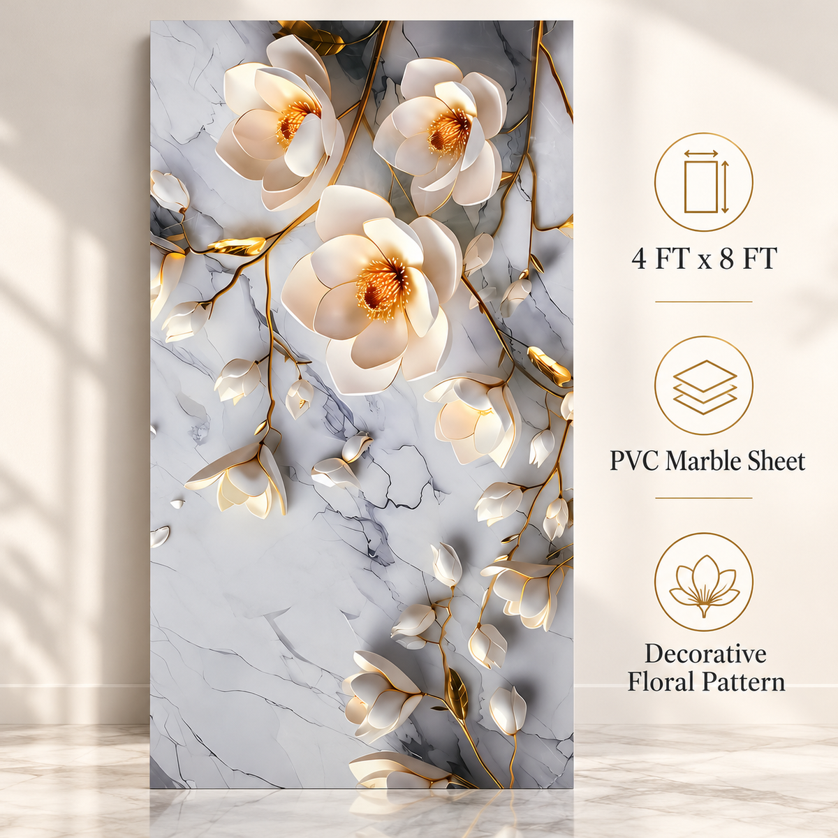 A vertical PVC marble decorative sheet featuring a white magnolia floral pattern over a gray marble background, displayed with informational icons on the right indicating dimensions (4 ft x 8 ft), PVC material, and decorative floral pattern.