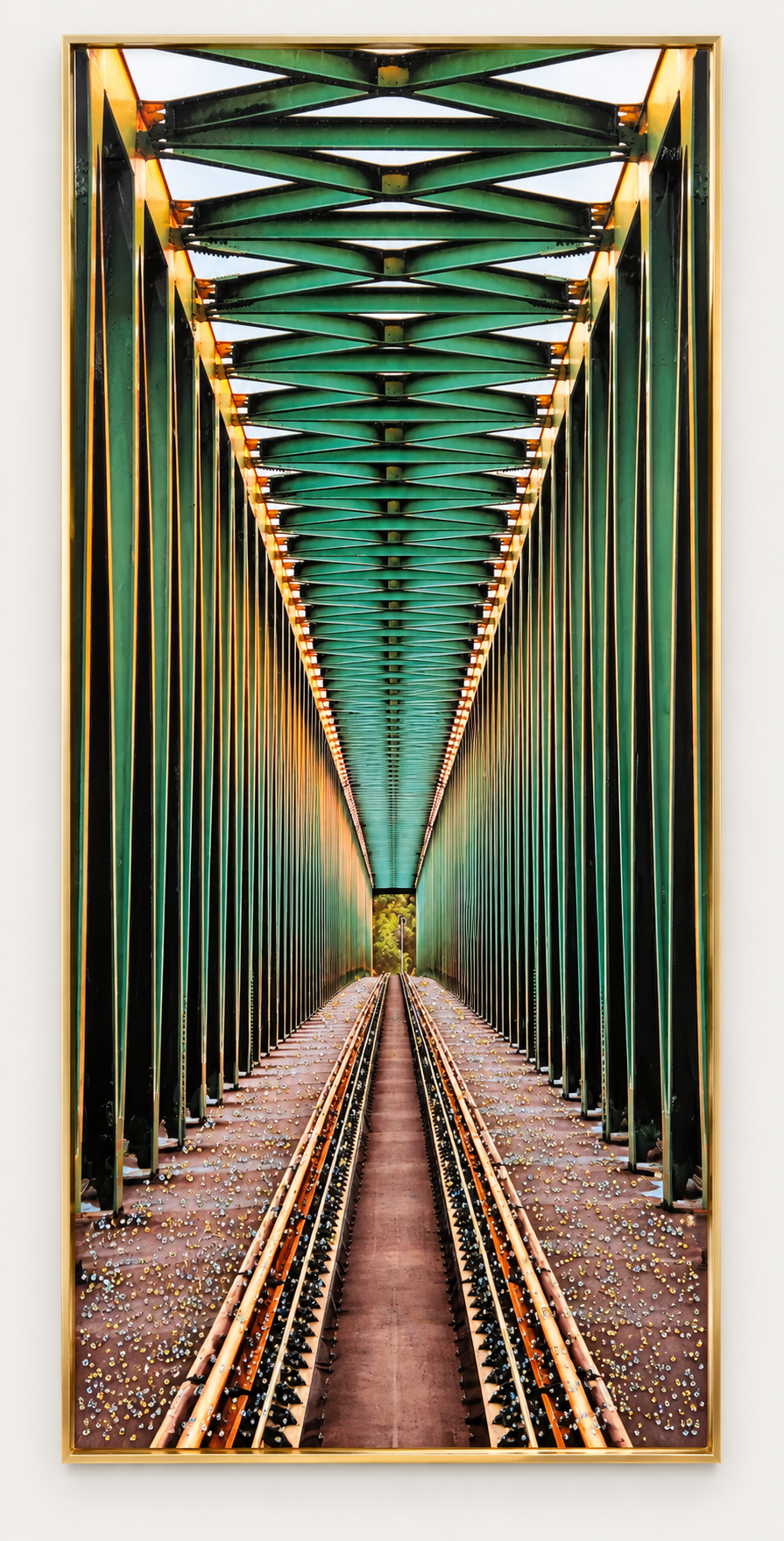 Framed railway track bridge digital painting with 5D epoxy and glitter detailing, vertical wall art, 55 x 28 inches.