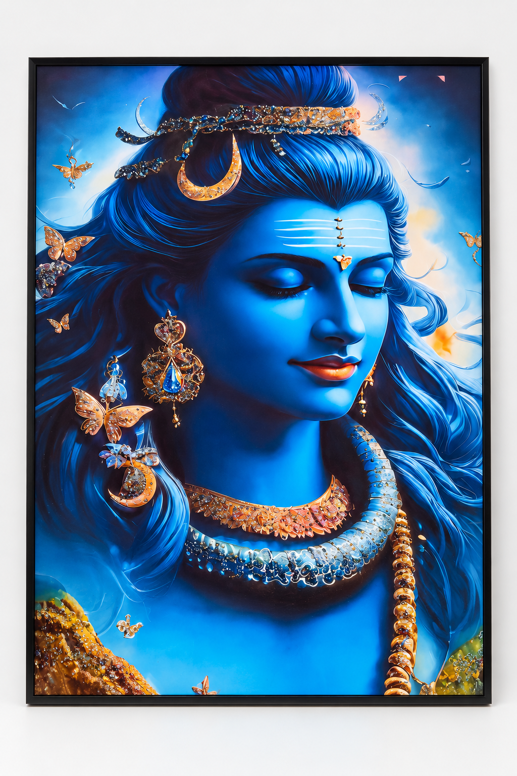 Lord Shiva blue portrait digital painting with epoxy and glitter artwork, gold jewelry, butterflies and black frame, 47.5 x 32 inches.