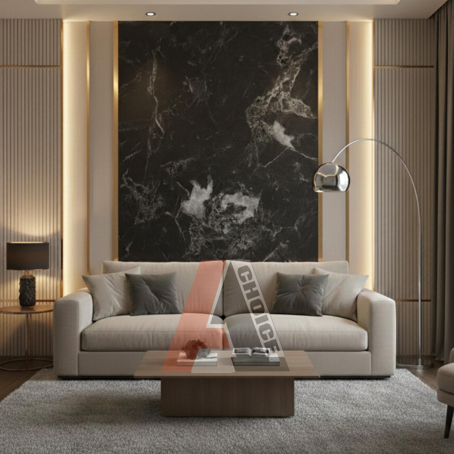 Black Grey Marble PVC Wall Panel 4x8 ft | Matte UV installed in living room