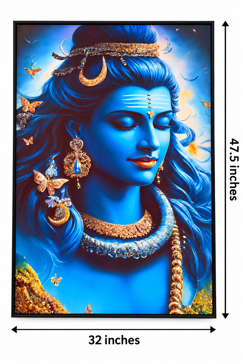 Framed Lord Shiva wall art with epoxy and glitter detailing, showing 47.5-inch height and 32-inch width with measurement arrows.