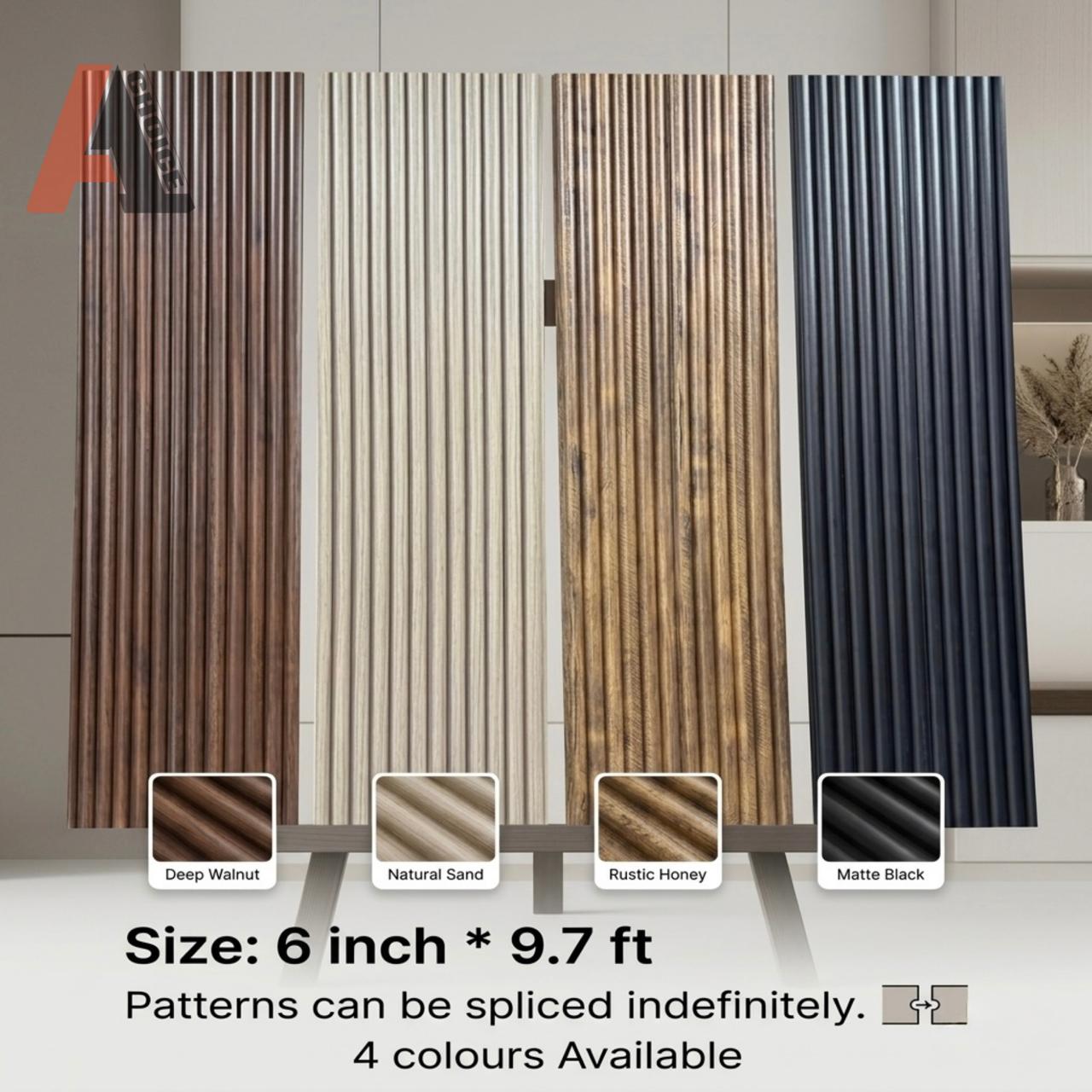 Four different color swatches of a tambour style WPC wall panel with size and color information.