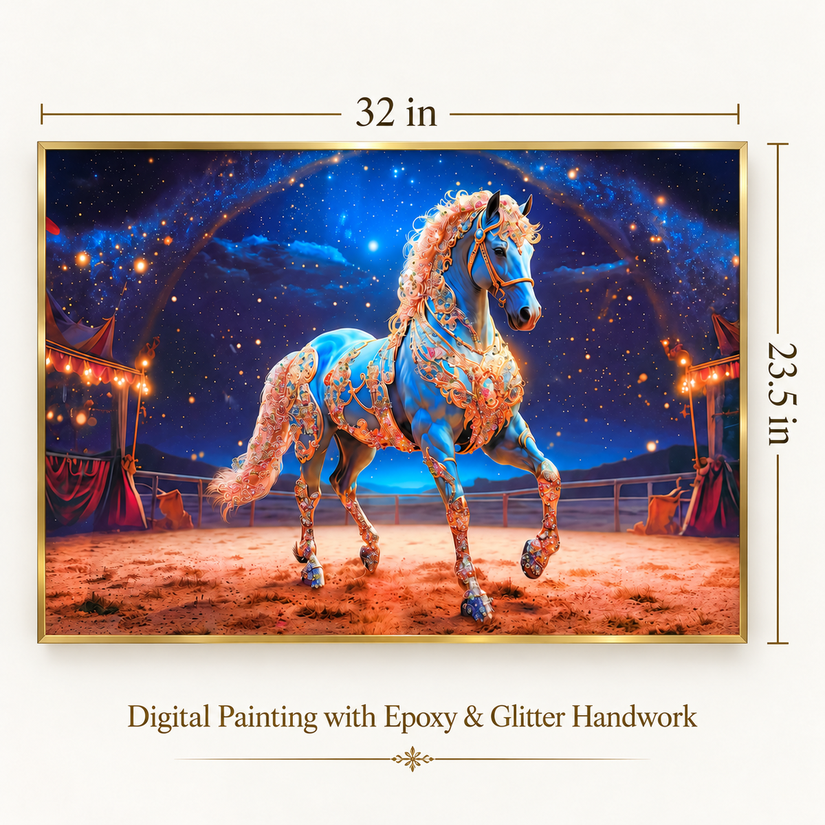 Gold framed blue horse digital painting with epoxy glitter handwork, measuring 32 inches wide and 23.5 inches high