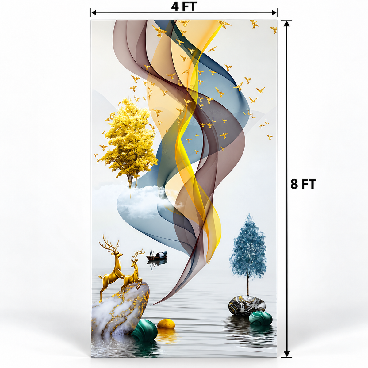 4x8 FT glossy Golden Deer Abstract PVC wall sheet with golden birds, colourful flowing ribbons and decorative trees.