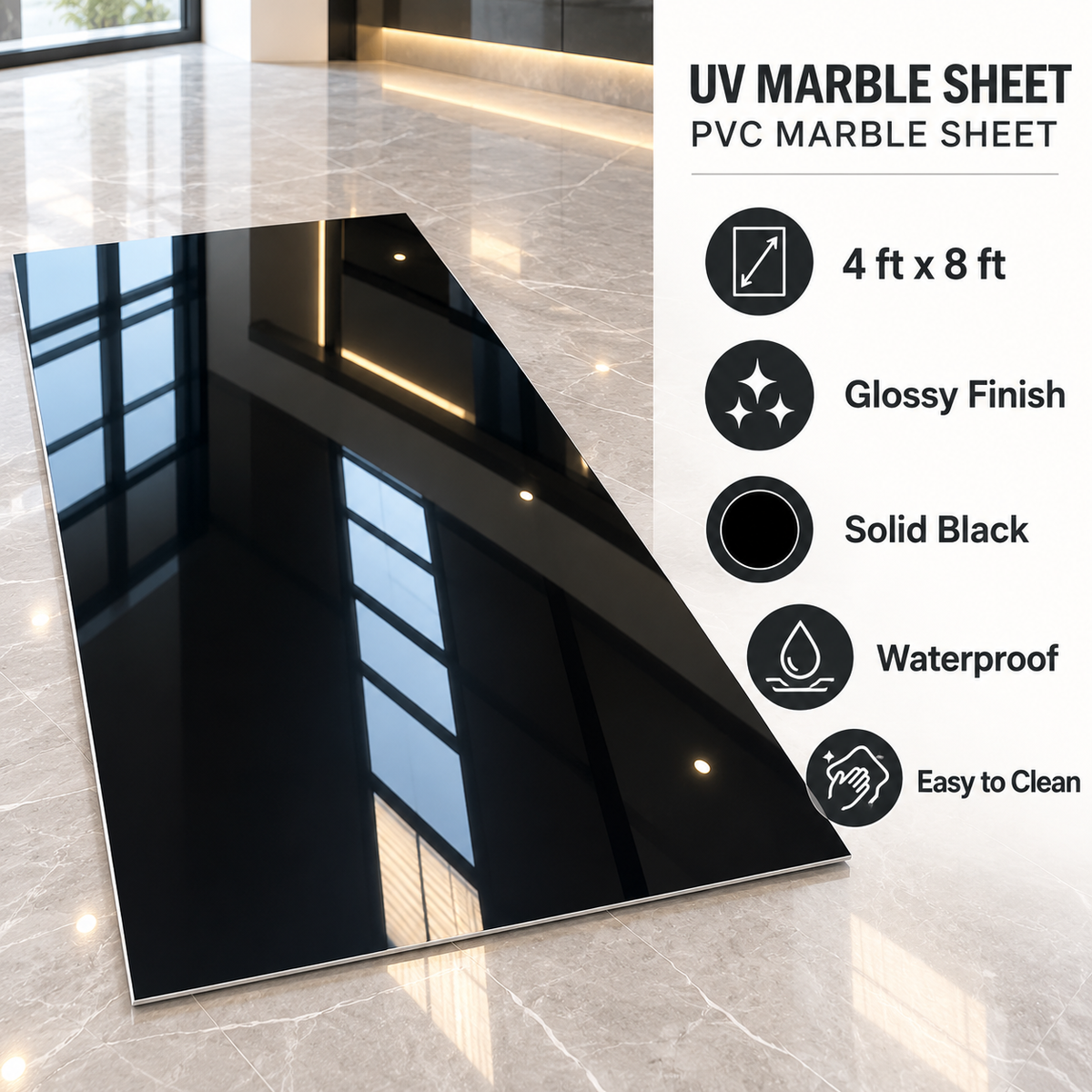 4x8 ft solid glossy black PVC UV marble sheet on a showroom floor with product specifications and reflective finish.