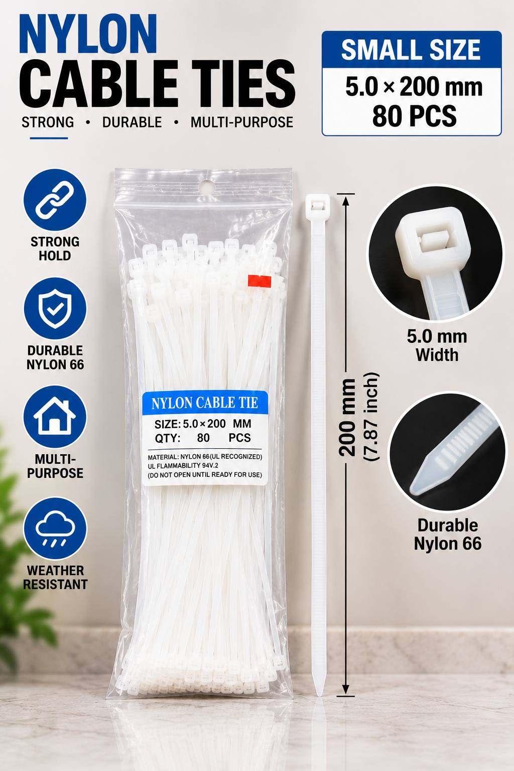 White Nylon 66 zip ties, 5.0 mm wide x 200 mm long, 80 pieces per pack, with measurement scale and close-up of self-locking cable tie head.