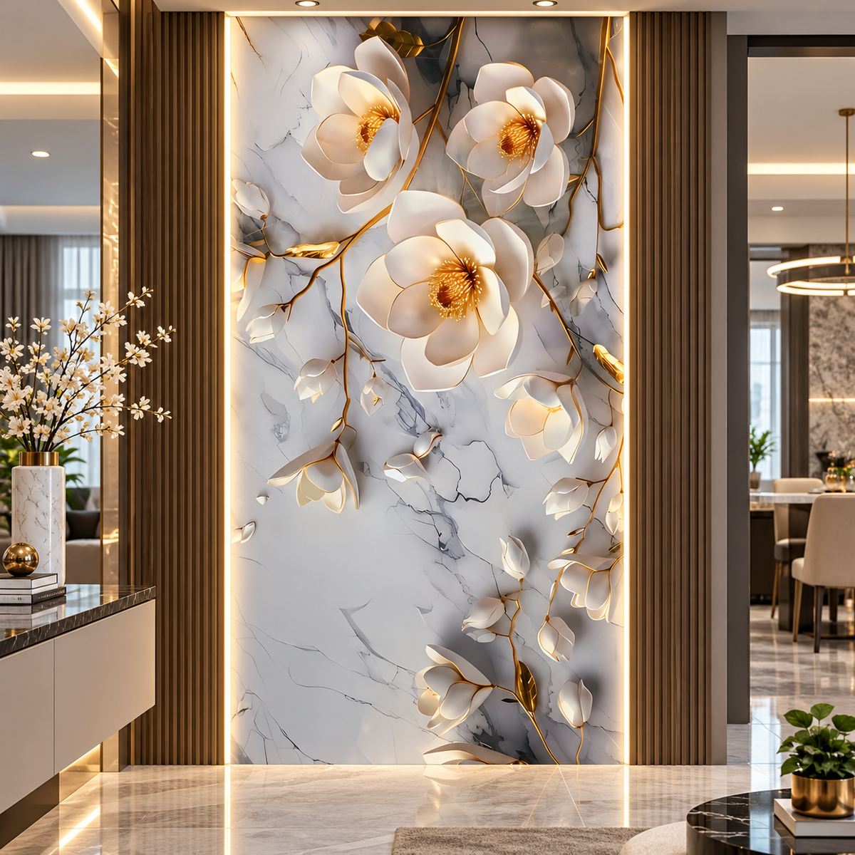 A large decorative wall panel or wallpaper featuring large white magnolia flowers with gold centers over a light gray marble background, installed in a modern interior hallway with wood slat trim and ambient lighting.