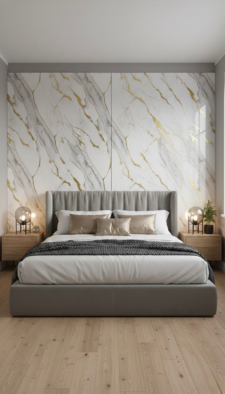 Modern bedroom designed with a marble-patterned white and Gold PVC Wall Panel