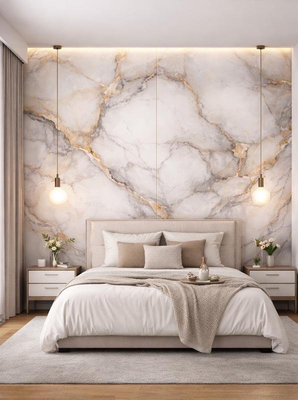 Elegant White PVC Marble Sheet Installed in Bedroom