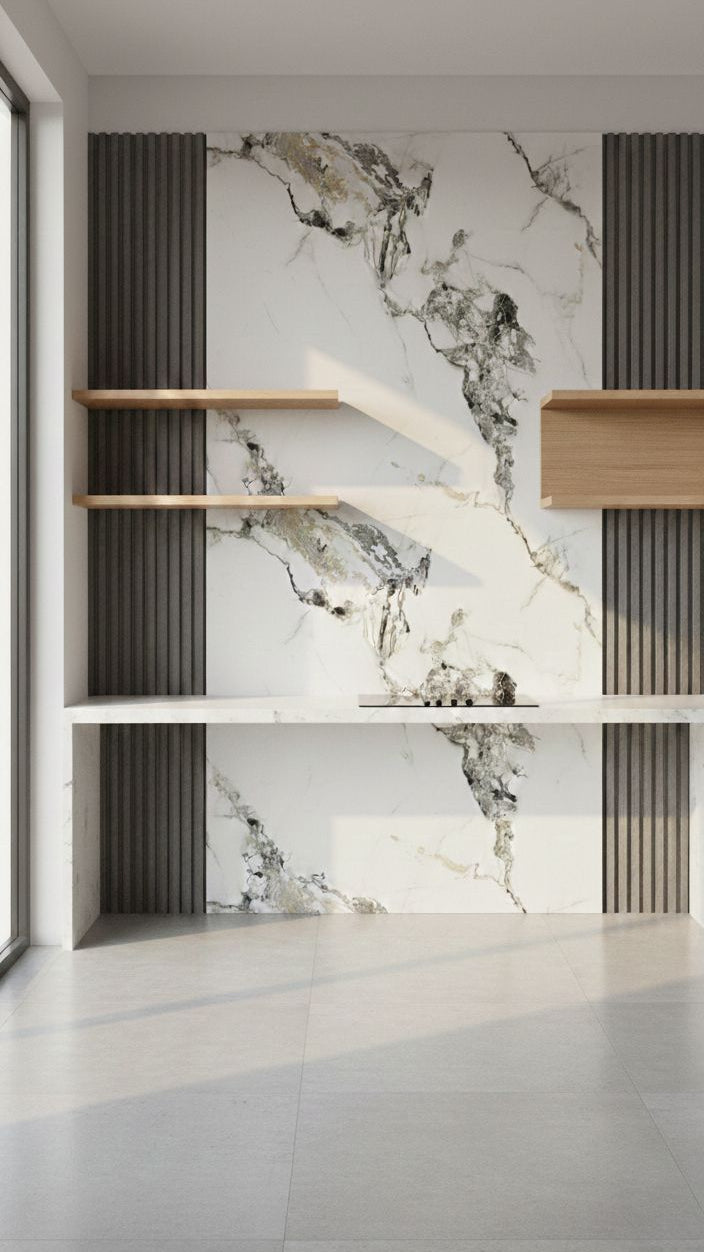 White and Grey PVC Marble Sheet installed in a room