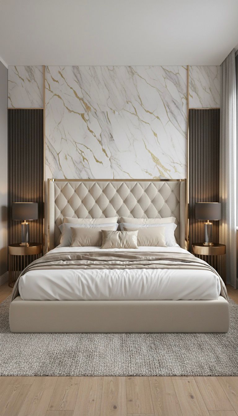PVC marble accent wall Panel installed in a bedroom