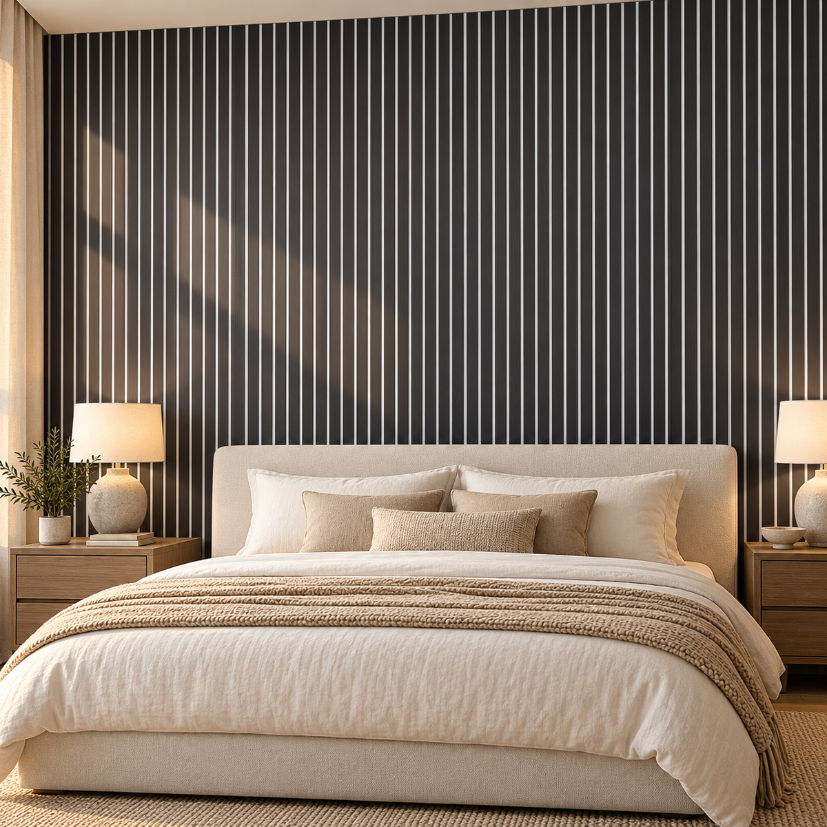 Charcoal black wood veneer slat wall with white felt behind a cream bed — styled visualization