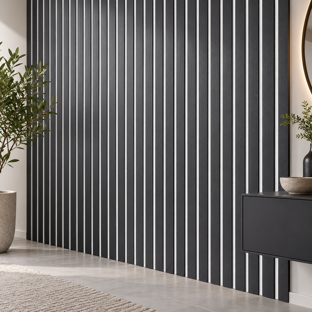 Close view of charcoal black wood veneer slats and contrasting white felt backing — styled visualization