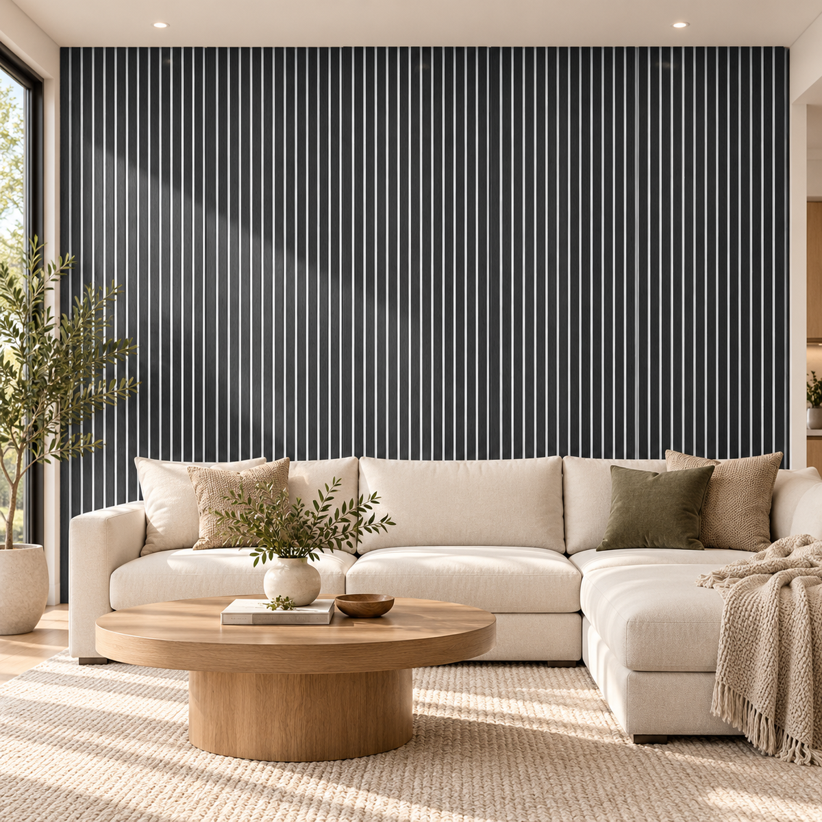 Charcoal black wood veneer slat panels with white felt backing in a living room — styled visualization