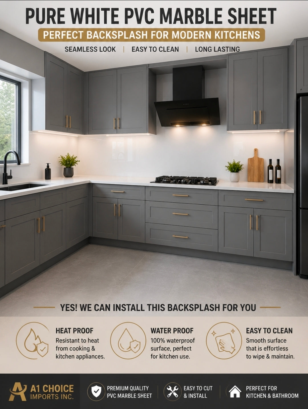 Pure White PVC Marble Sheet 4' x 8' | Waterproof, Heat Resistant, Easy to Clean Wall Panel | Kitchen Backsplash, Bathroom & Feature Wall