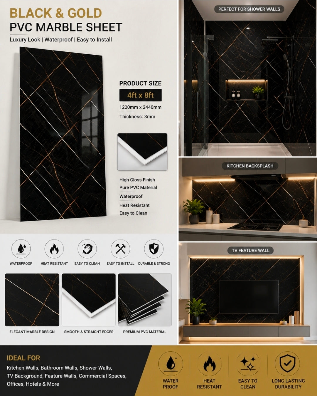 Black Gold Vein PVC Marble Sheet 4x8 ft | 3mm Luxury Waterproof Panel (Contact us for price)
