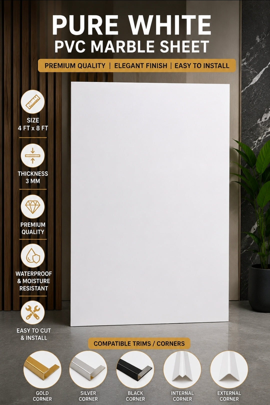 Pure White PVC Marble Sheet 4' x 8' | Waterproof, Heat Resistant, Easy to Clean Wall Panel | Kitchen Backsplash, Bathroom & Feature Wall