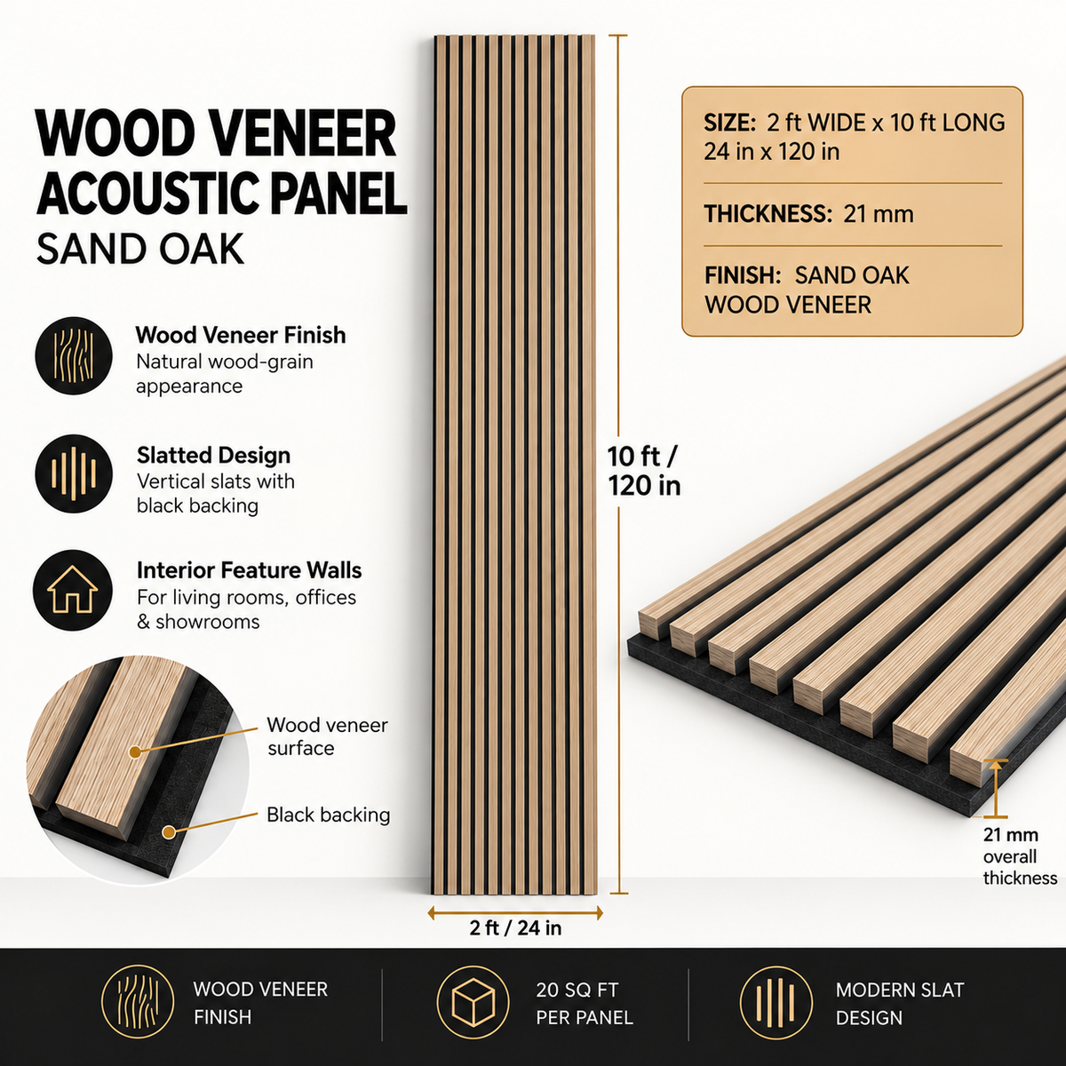 Sand Oak wood veneer acoustic panel, 2 x 10 ft, 21 mm thick, 20 sq ft coverage